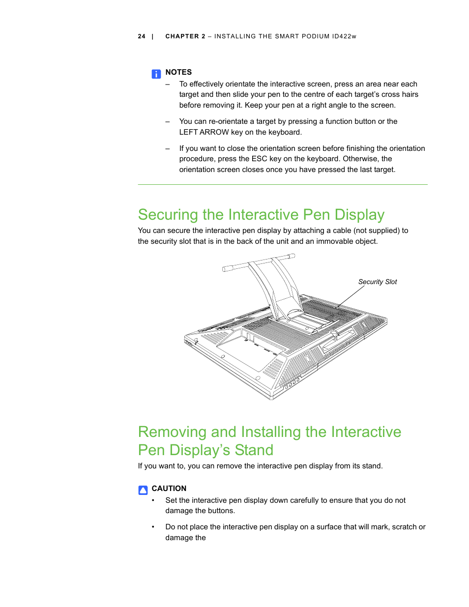 Securing the interactive pen display | Smart Technologies ID422w User Manual | Page 34 / 66