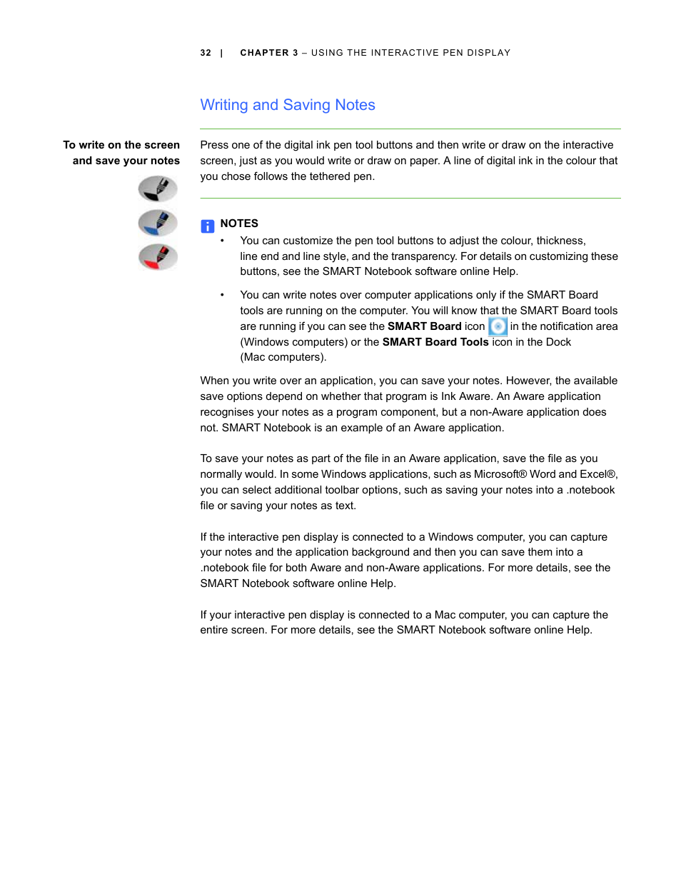 Writing and saving notes | Smart Technologies ID422w User Manual | Page 42 / 66