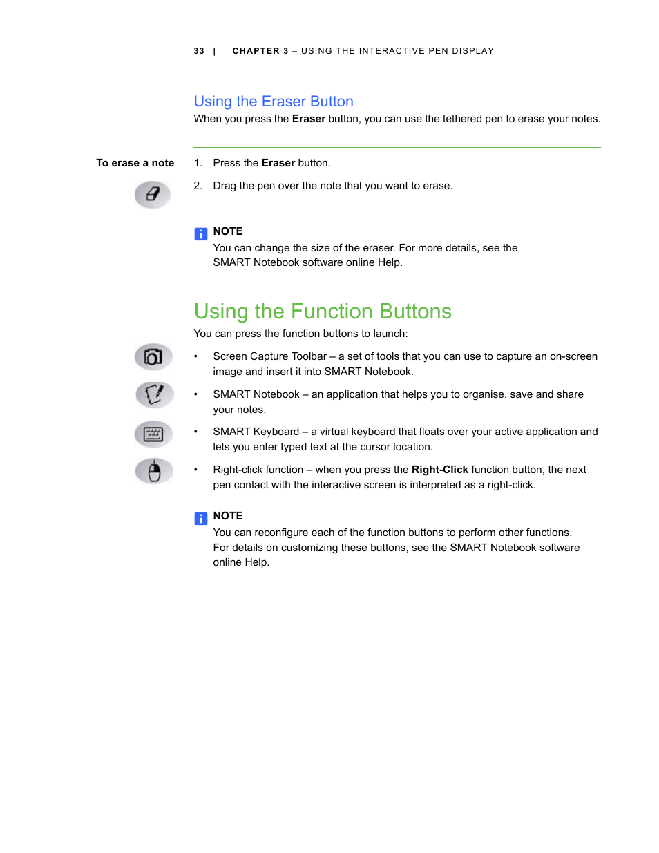 Using the eraser button, Using the function buttons | Smart Technologies ID422w User Manual | Page 43 / 66