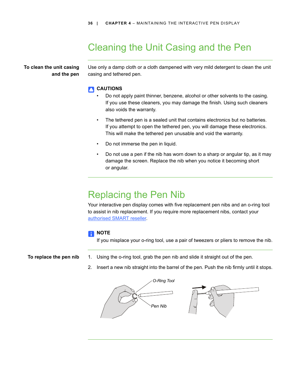 Cleaning the unit casing and the pen, Replacing the pen nib | Smart Technologies ID422w User Manual | Page 46 / 66