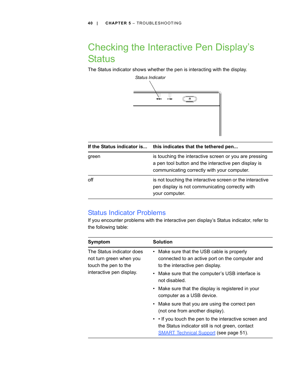 Checking the interactive pen display’s status, Status indicator problems | Smart Technologies ID422w User Manual | Page 50 / 66