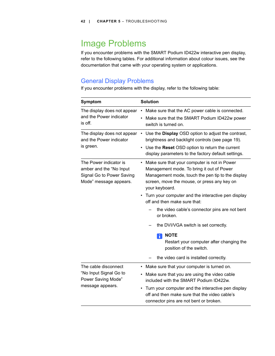 Image problems, General display problems | Smart Technologies ID422w User Manual | Page 52 / 66