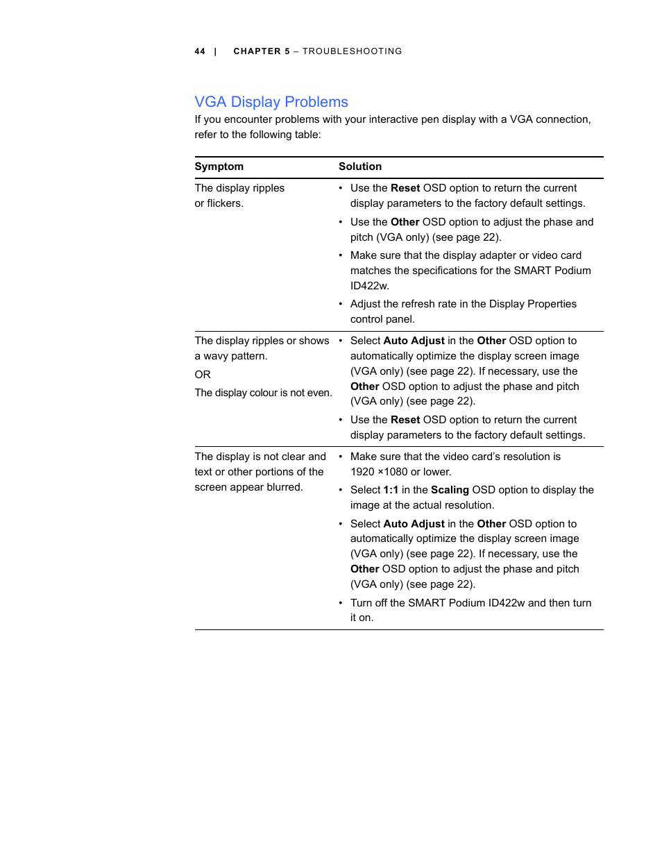 Vga display problems | Smart Technologies ID422w User Manual | Page 54 / 66