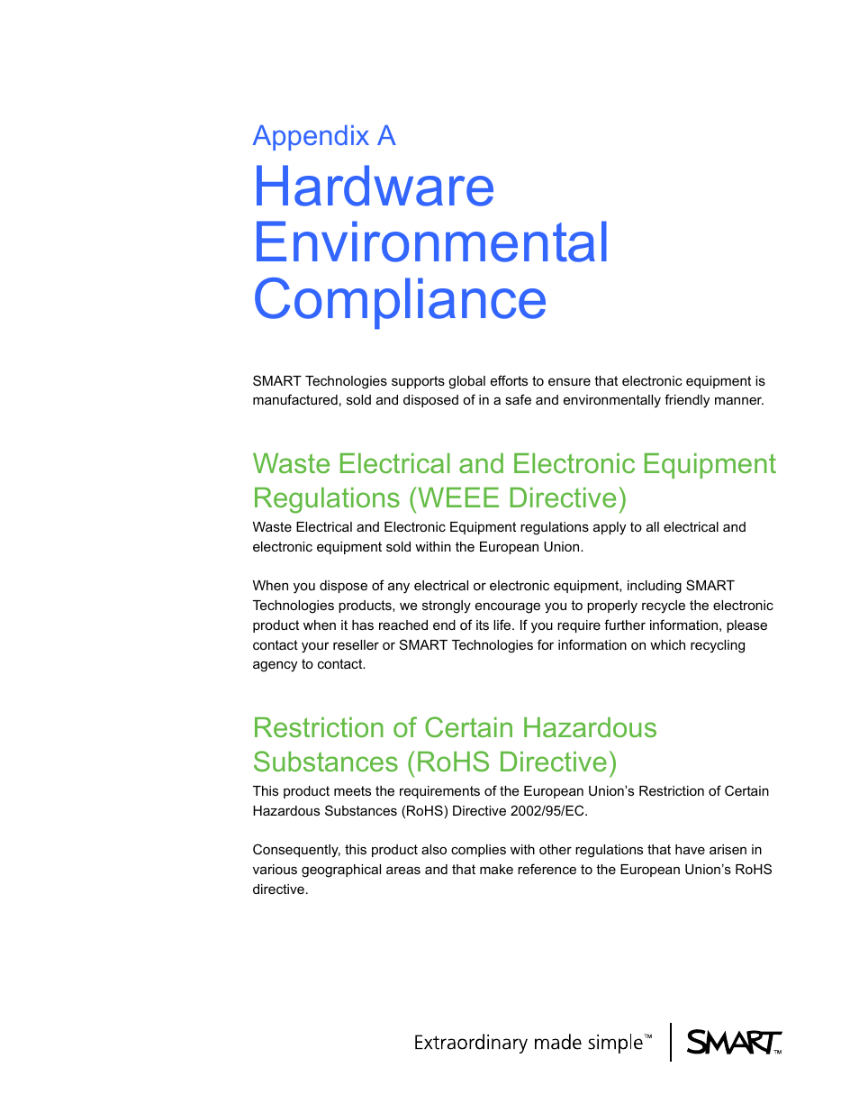 Hardware environmental compliance, A hardware environmental compliance | Smart Technologies ID422w User Manual | Page 59 / 66