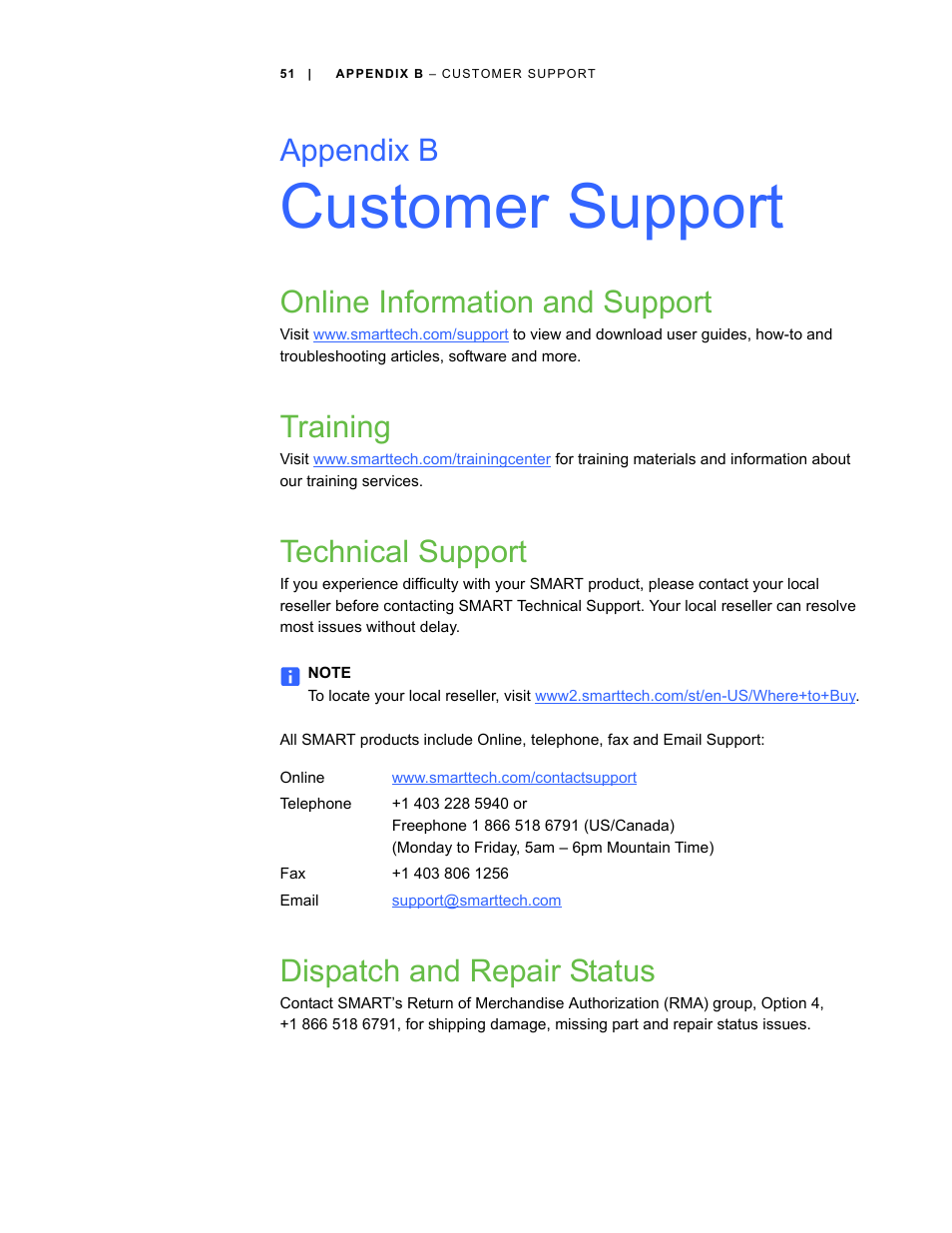 Customer support, Online information and support, Training | Technical support, Dispatch and repair status, B customer support, Appendix b | Smart Technologies ID422w User Manual | Page 61 / 66