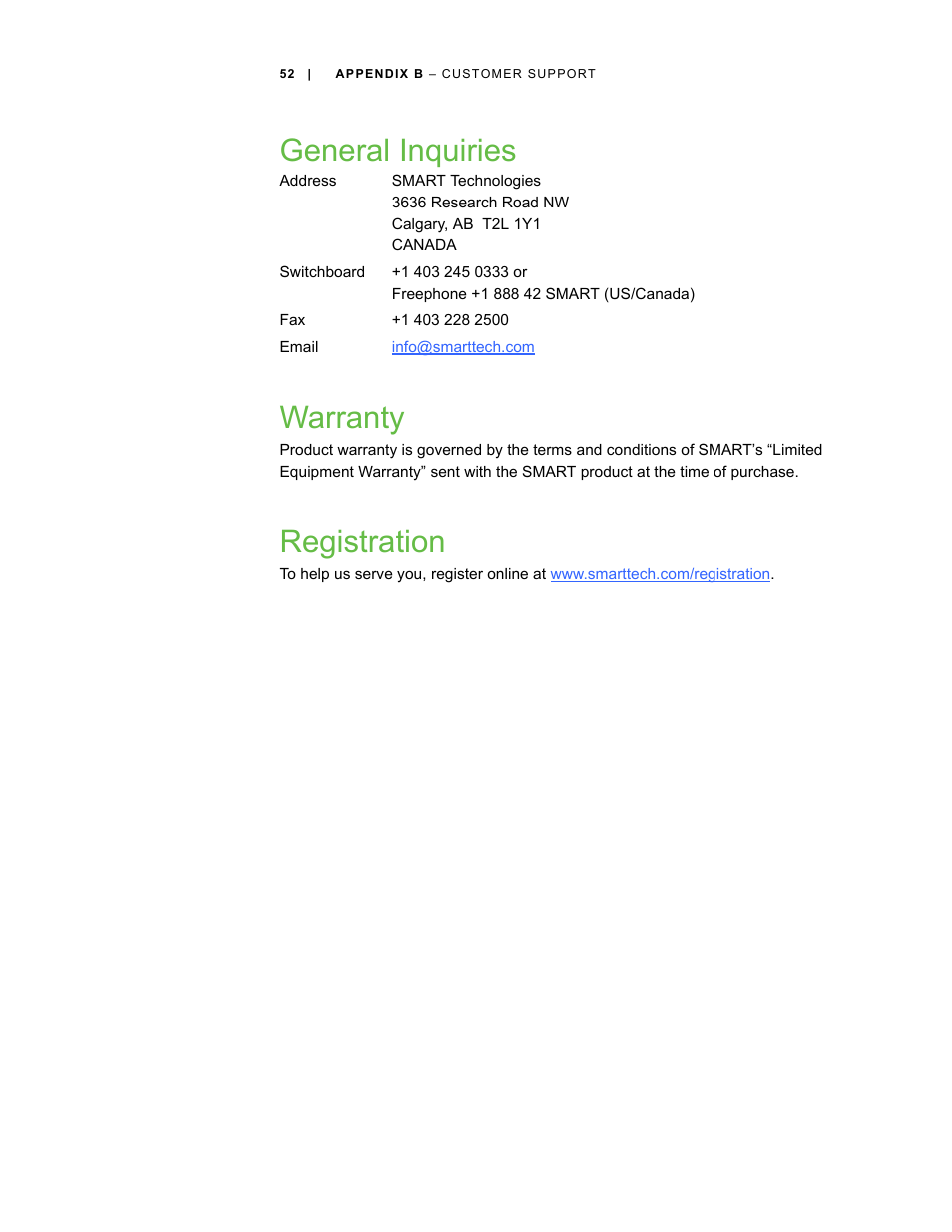 General inquiries, Warranty, Registration | General inquiries warranty | Smart Technologies ID422w User Manual | Page 62 / 66