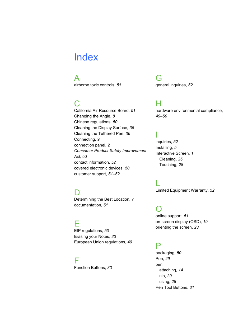 Index | Smart Technologies ID422w User Manual | Page 63 / 66