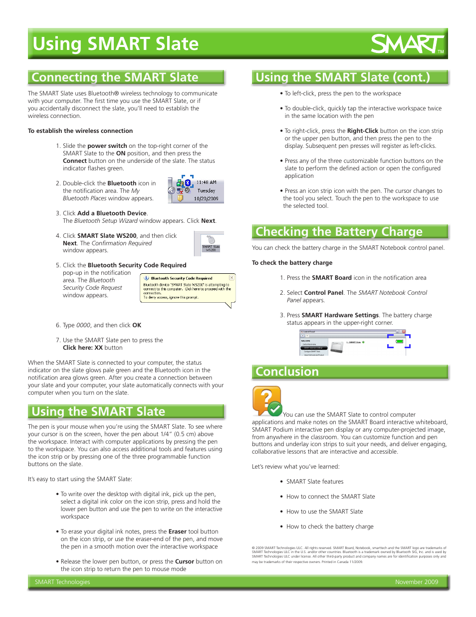 Using smart slate, Using the smart slate (cont.), Connecting the smart slate using the smart slate | Checking the battery charge, Conclusion | Smart Technologies SMART SLATE WS200 User Manual | Page 2 / 2