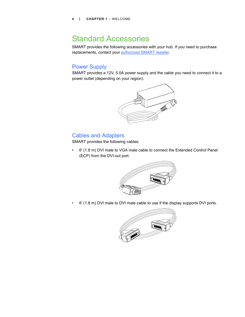Standard accessories, Power supply, Cables and adapters | Smart Technologies SMART Hub SE240 User Manual | Page 10 / 58