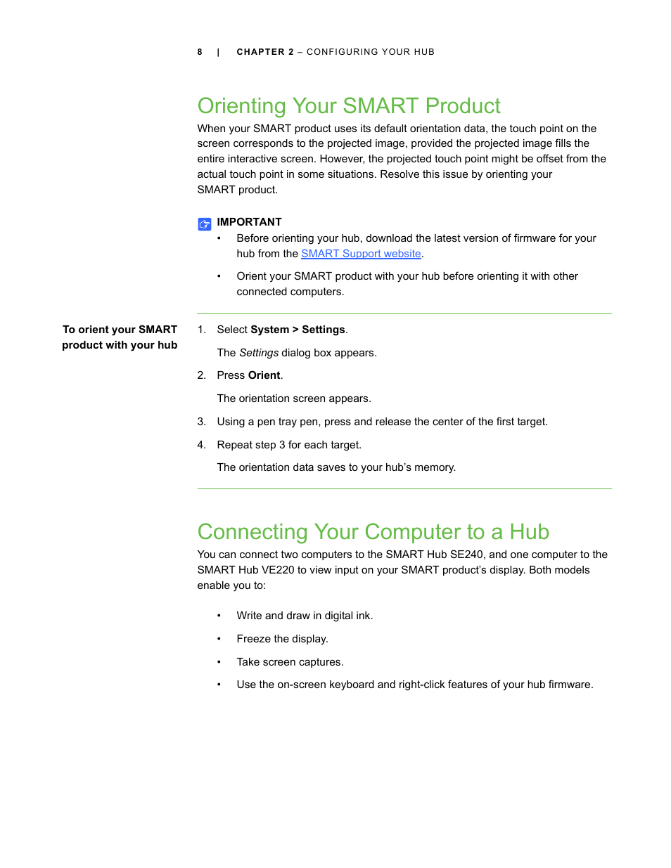 Orienting your smart product, Connecting your computer to a hub | Smart Technologies SMART Hub SE240 User Manual | Page 14 / 58