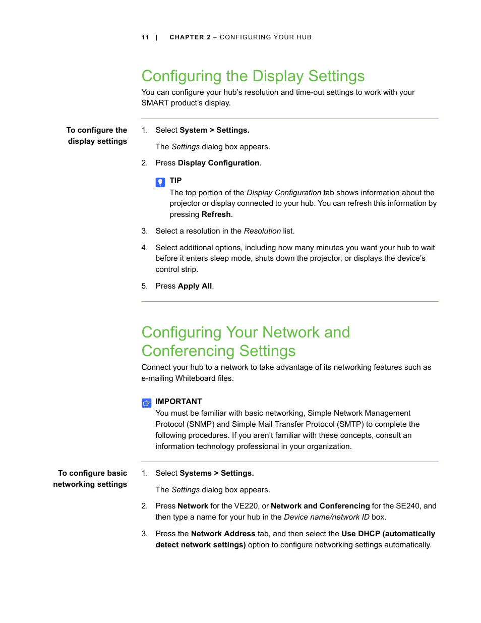 Configuring the display settings, Configuring your network and conferencing settings | Smart Technologies SMART Hub SE240 User Manual | Page 17 / 58