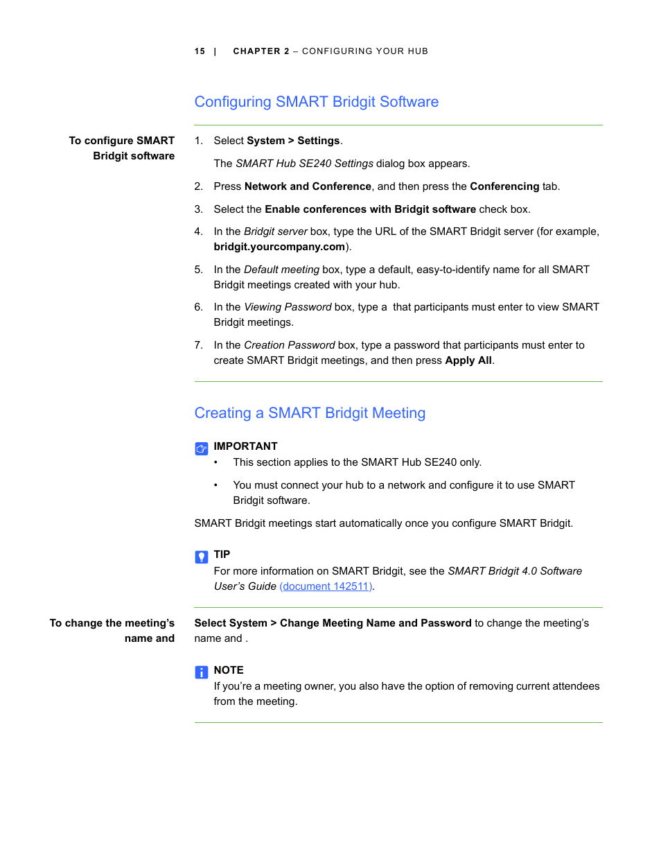 Configuring smart bridgit software, Creating a smart bridgit meeting | Smart Technologies SMART Hub SE240 User Manual | Page 21 / 58