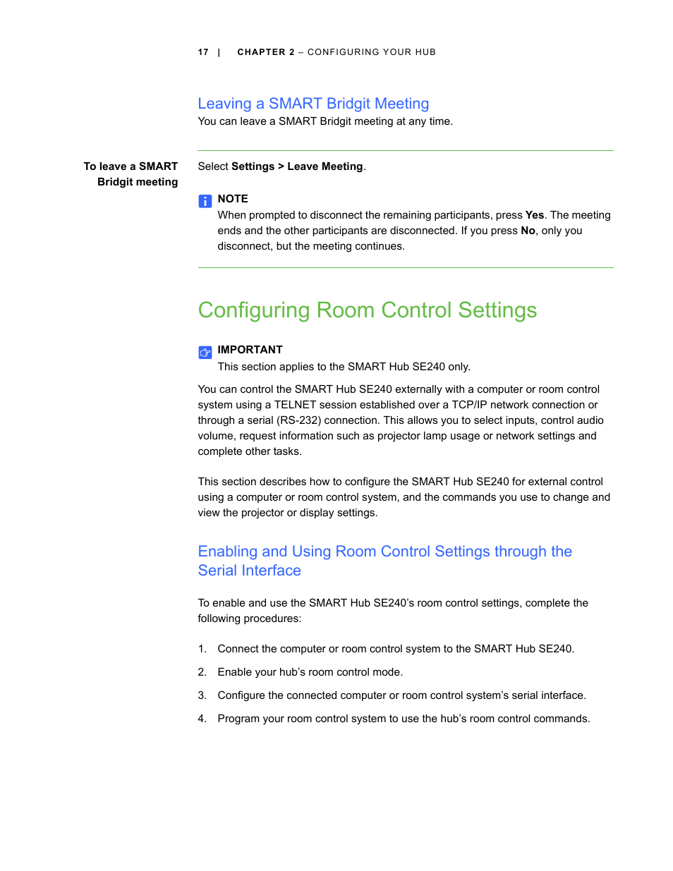 Leaving a smart bridgit meeting, Configuring room control settings | Smart Technologies SMART Hub SE240 User Manual | Page 23 / 58