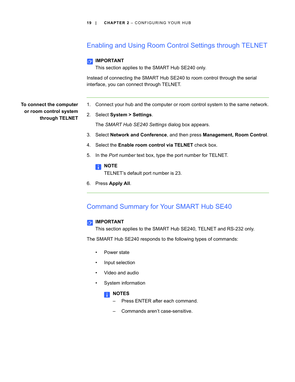 Command summary for your smart hub se40 | Smart Technologies SMART Hub SE240 User Manual | Page 25 / 58