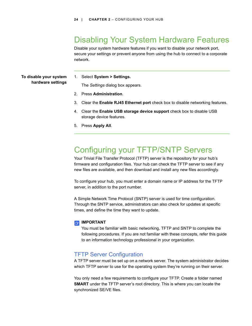 Disabling your system hardware features, Configuring your tftp/sntp servers, Tftp server configuration | Smart Technologies SMART Hub SE240 User Manual | Page 30 / 58