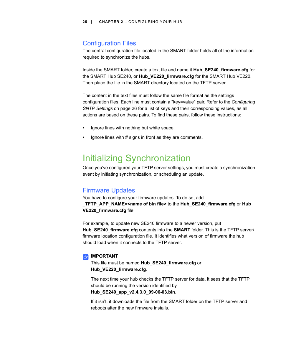 Configuration files, Initializing synchronization, Firmware updates | Smart Technologies SMART Hub SE240 User Manual | Page 31 / 58