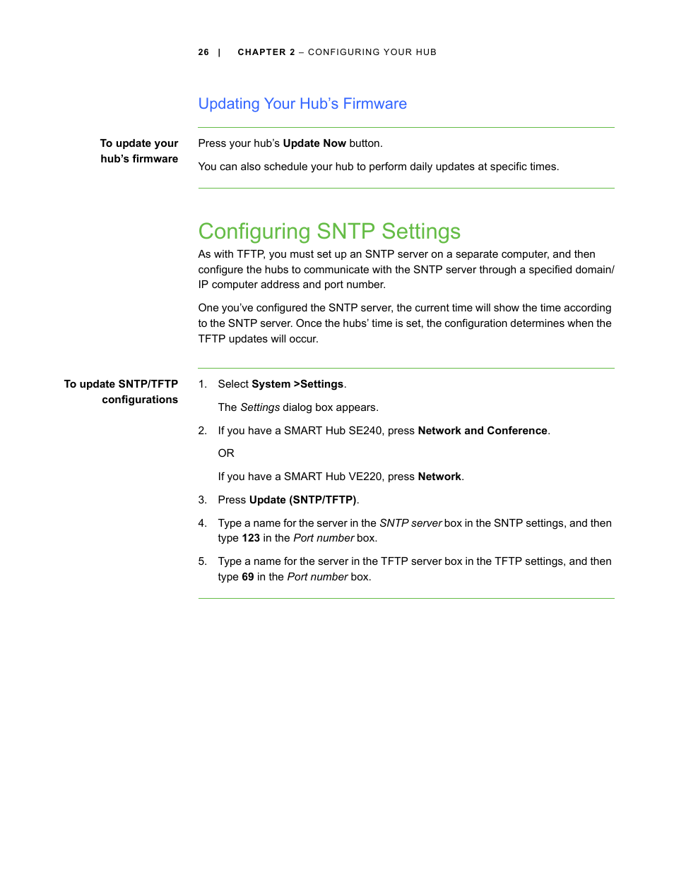 Updating your hub’s firmware, Configuring sntp settings | Smart Technologies SMART Hub SE240 User Manual | Page 32 / 58