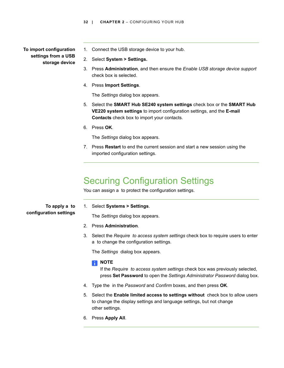 Securing configuration settings | Smart Technologies SMART Hub SE240 User Manual | Page 38 / 58