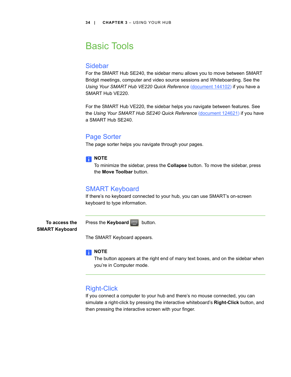 Basic tools, Sidebar, Smart keyboard | Right-click, Page sorter | Smart Technologies SMART Hub SE240 User Manual | Page 40 / 58