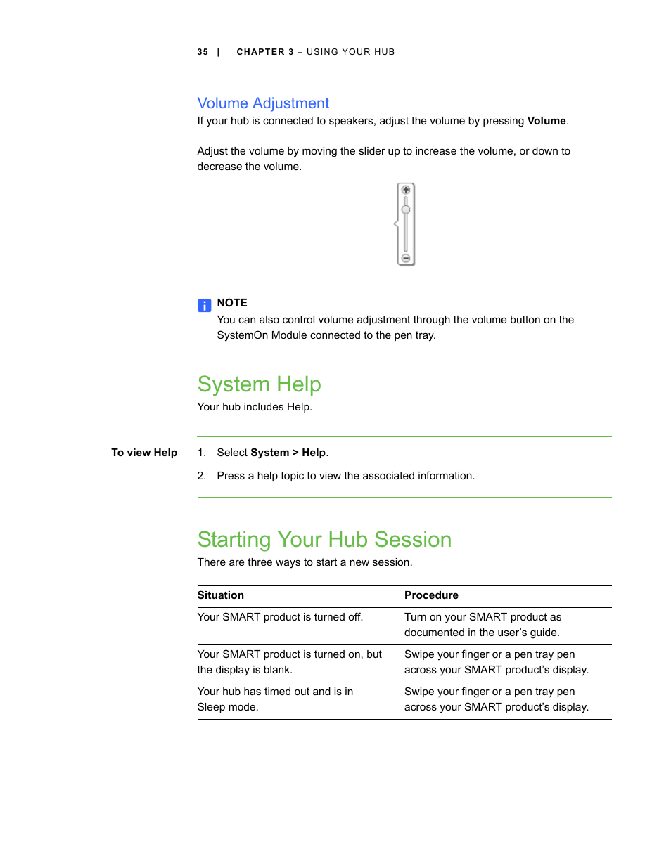 Volume adjustment, System help, Starting your hub session | Smart Technologies SMART Hub SE240 User Manual | Page 41 / 58