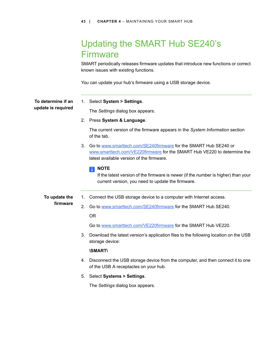 Updating the smart hub se240’s firmware | Smart Technologies SMART Hub SE240 User Manual | Page 49 / 58