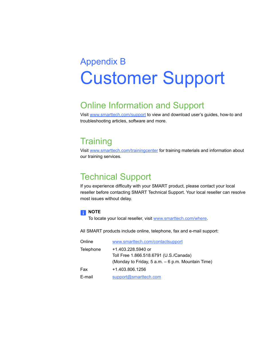 Customer support, Online information and support, Training | Technical support, B customer support, Appendix b | Smart Technologies SMART Hub SE240 User Manual | Page 55 / 58