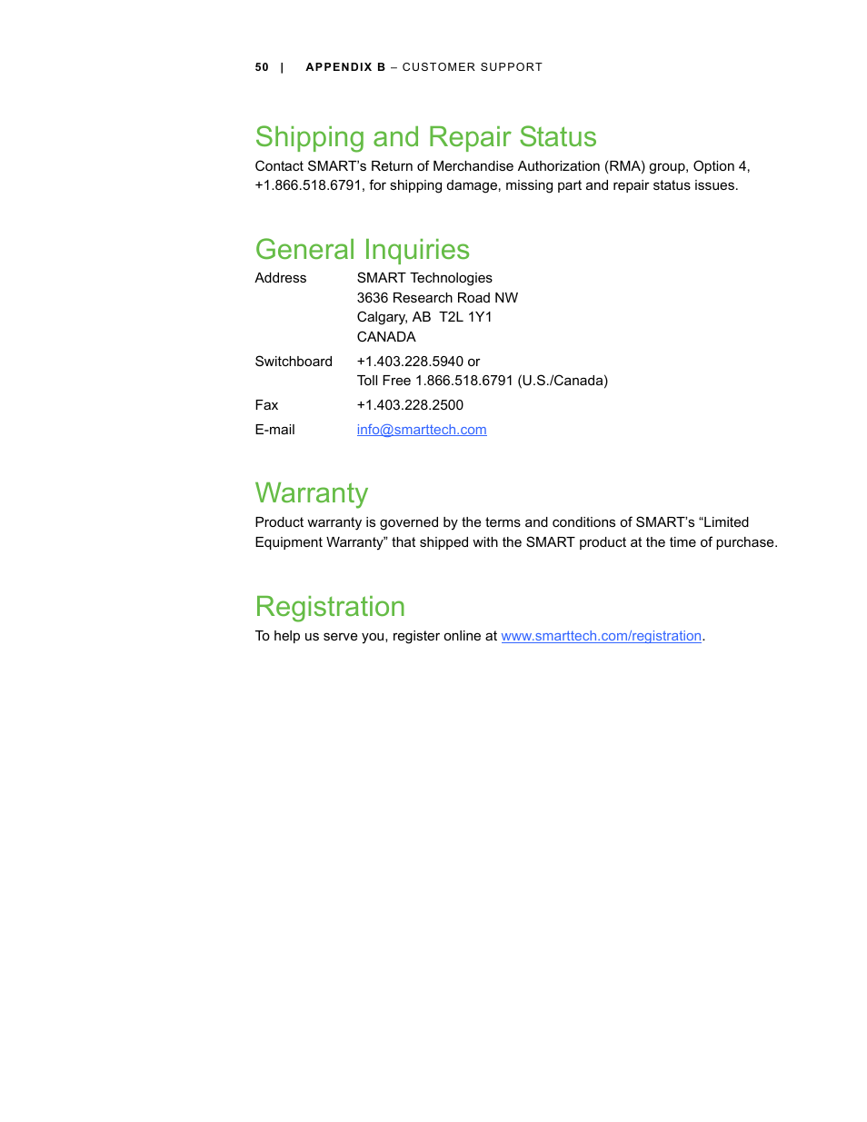 Shipping and repair status, General inquiries, Warranty | Registration, General inquiries warranty | Smart Technologies SMART Hub SE240 User Manual | Page 56 / 58