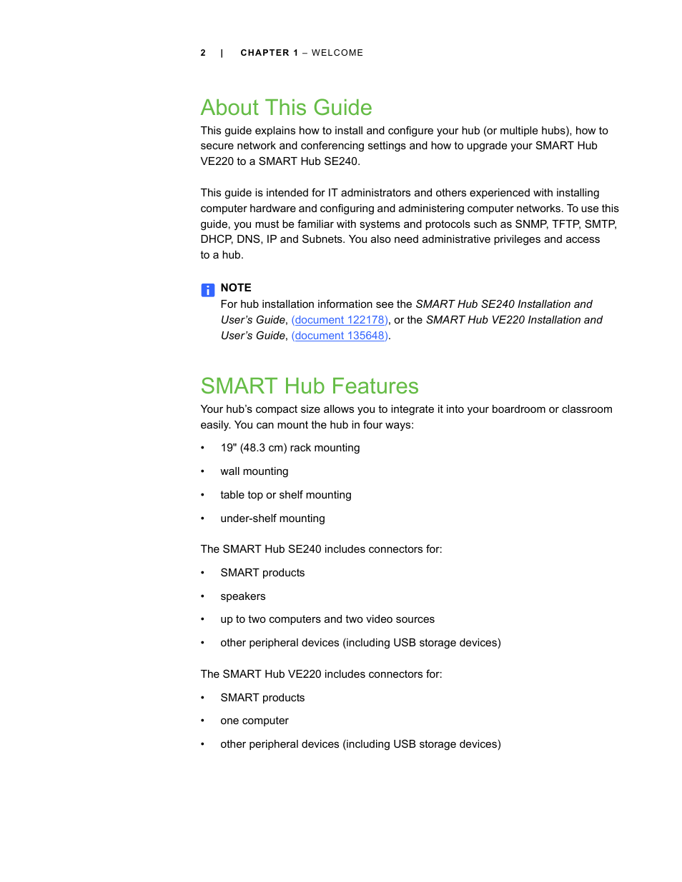 About this guide, Smart hub features | Smart Technologies SMART Hub SE240 User Manual | Page 8 / 58