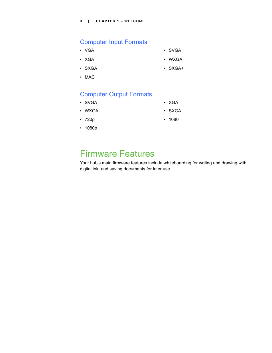 Computer input formats, Computer output formats, Firmware features | Computer input formats computer output formats | Smart Technologies SMART Hub SE240 User Manual | Page 9 / 58