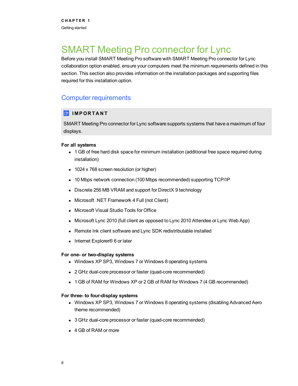 Smart meeting pro connector for lync, Computer requirements, For all systems | For one- or two-display systems, For three- to four-display systems | Smart Technologies SMART Meeting Pro 3.1 User Manual | Page 14 / 94