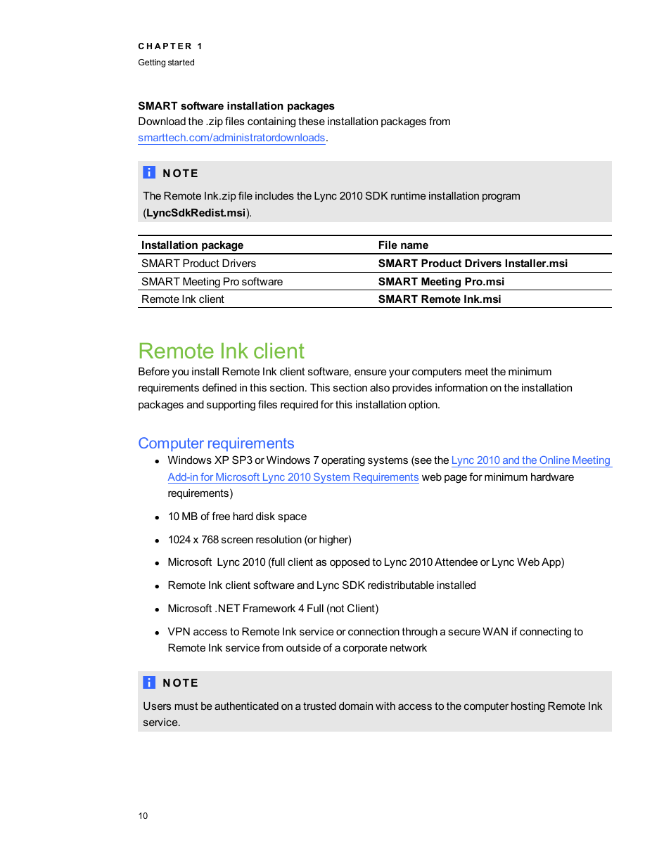 Smart software installation packages, Remote ink client, Computer requirements | Smart Technologies SMART Meeting Pro 3.1 User Manual | Page 16 / 94