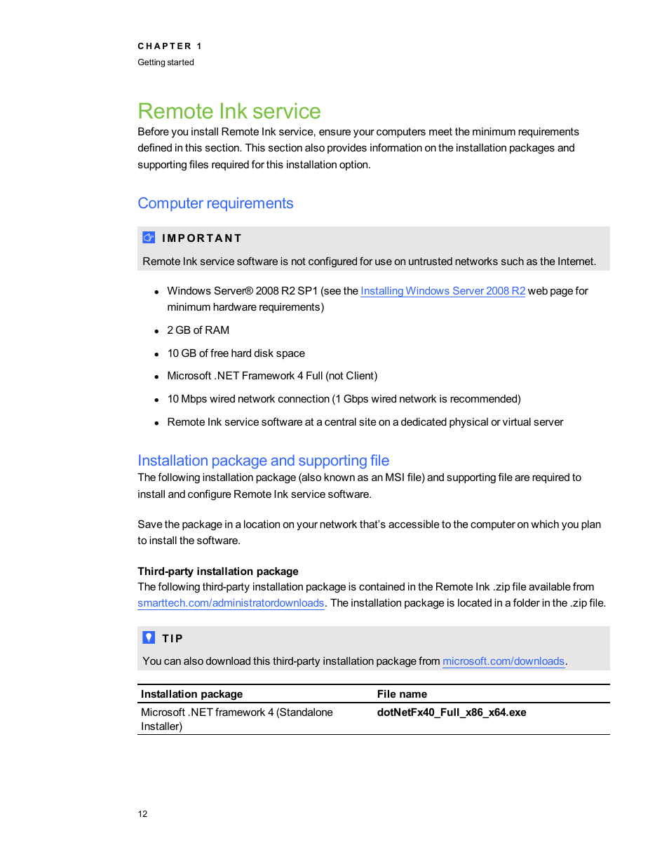 Remote ink service, Computer requirements, Installation package and supporting file | Third‑party installation package, Third-party installation package, Installation | Smart Technologies SMART Meeting Pro 3.1 User Manual | Page 18 / 94