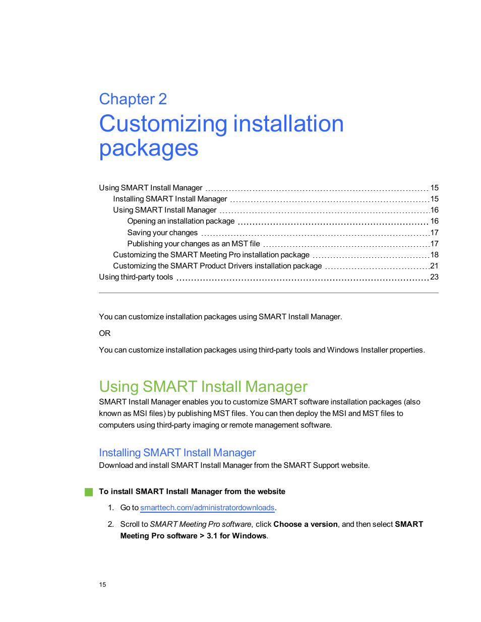 Chapter 2: customizing installation packages, Using smart install manager, Installing smart install manager | Chapter 2 | Smart Technologies SMART Meeting Pro 3.1 User Manual | Page 21 / 94