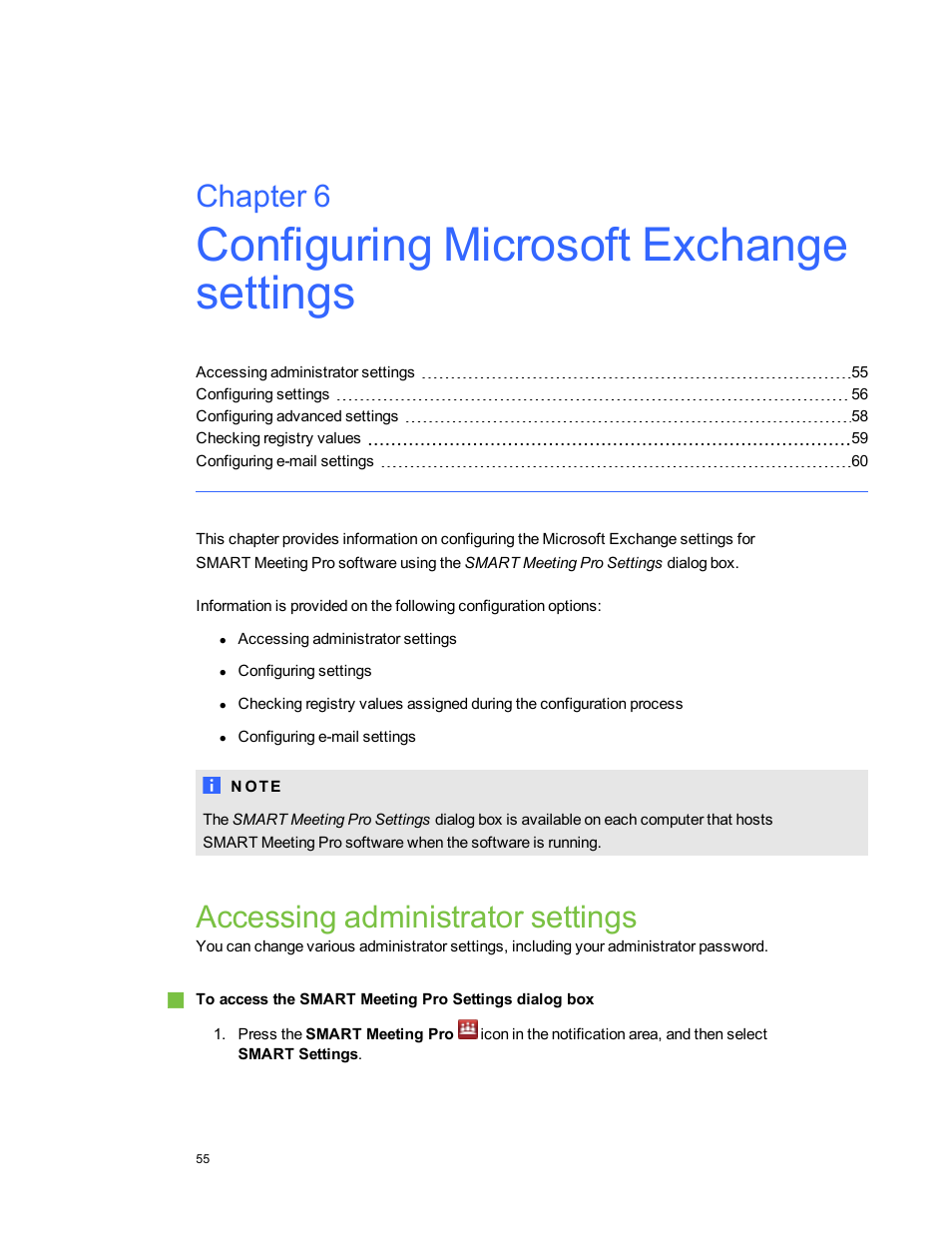 Chapter 6: configuring microsoft exchange settings, Accessing administrator settings, Chapter 6 | Smart Technologies SMART Meeting Pro 3.1 User Manual | Page 61 / 94