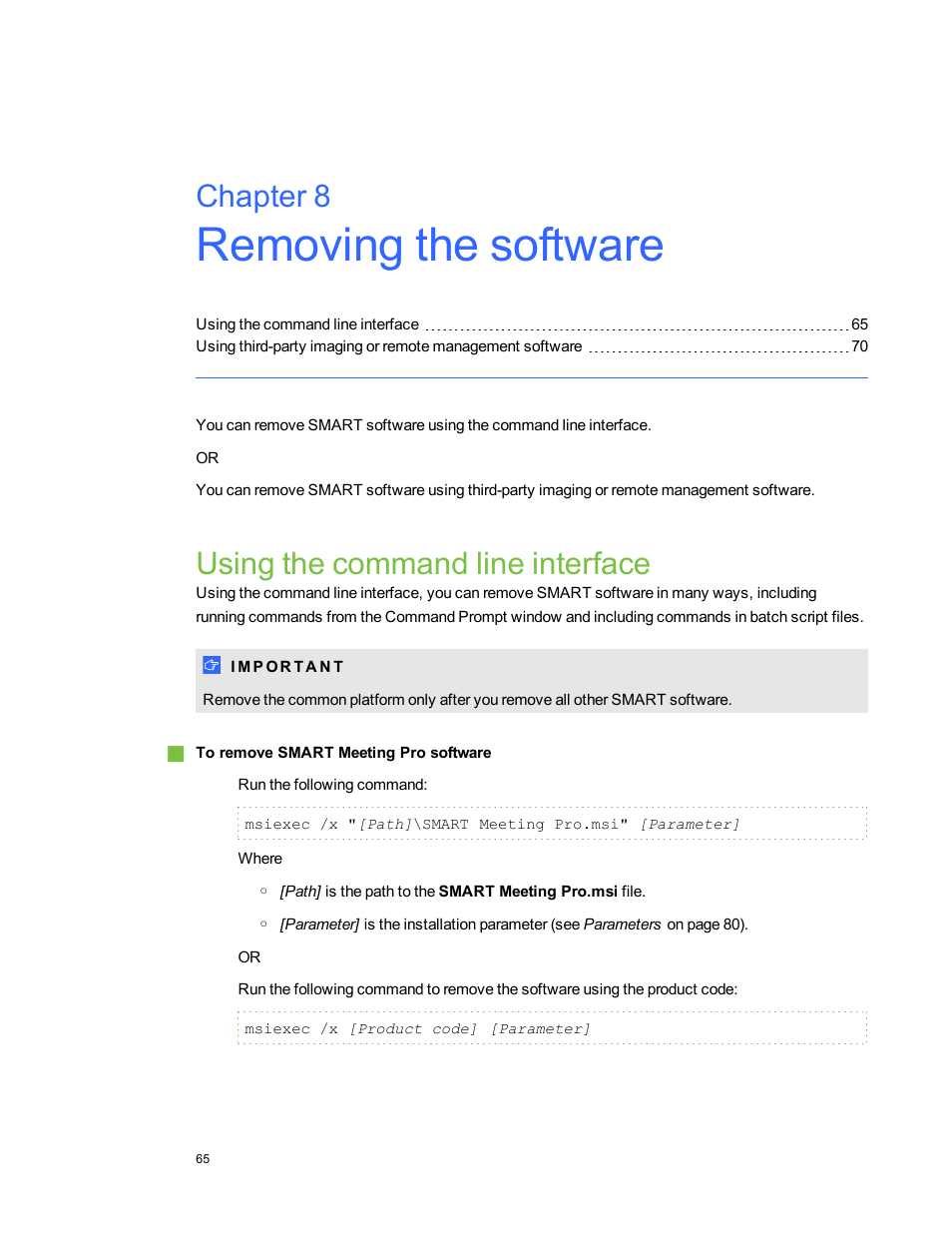 Chapter 8: removing the software, Using the command line interface, Chapter 8 | Smart Technologies SMART Meeting Pro 3.1 User Manual | Page 71 / 94