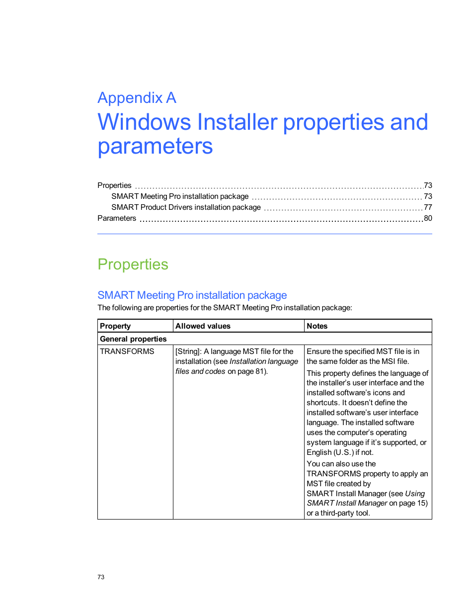 Properties, Smart meeting pro installation package, Appendix a | Smart Technologies SMART Meeting Pro 3.1 User Manual | Page 79 / 94