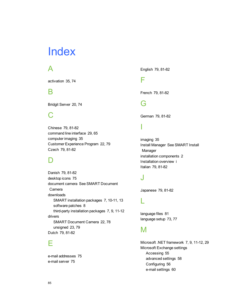 Index | Smart Technologies SMART Meeting Pro 3.1 User Manual | Page 91 / 94