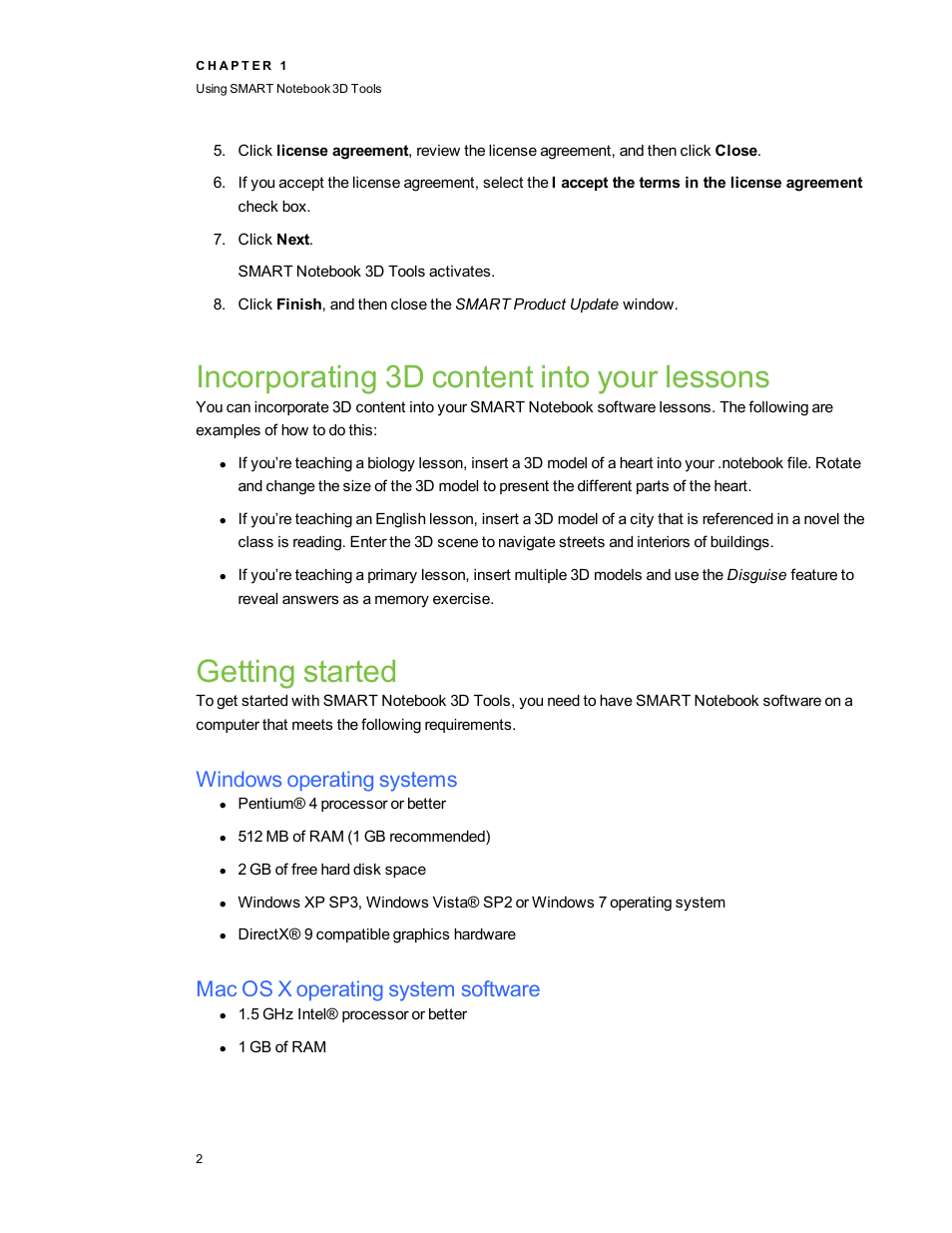Incorporating 3d content into your lessons, Getting started, Windows operating systems | Mac os x operating system software | Smart Technologies Smart Notebook 3D Tools User Manual | Page 6 / 24