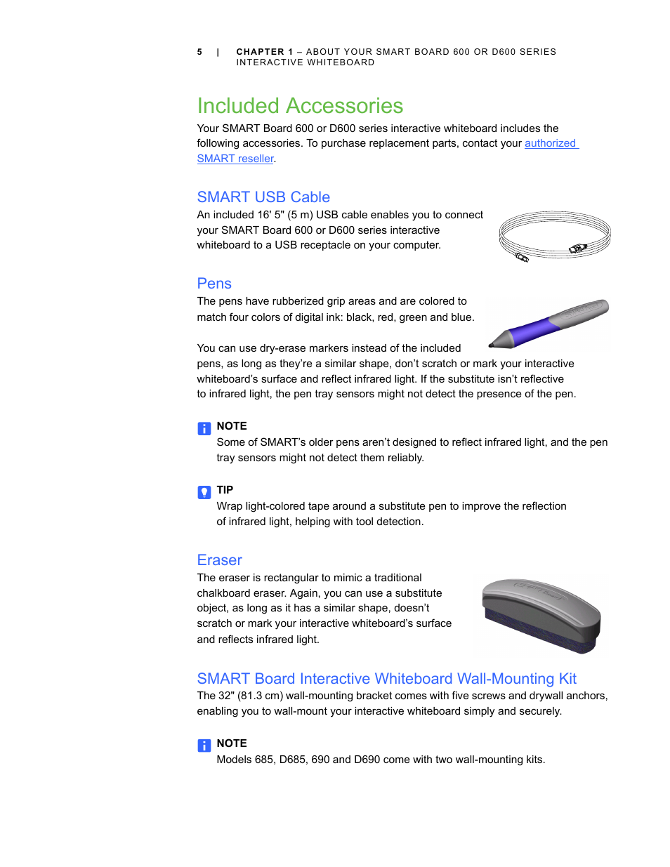 Included accessories, Smart usb cable, Pens | Eraser | Smart Technologies SMART Board D600 User Manual | Page 13 / 68