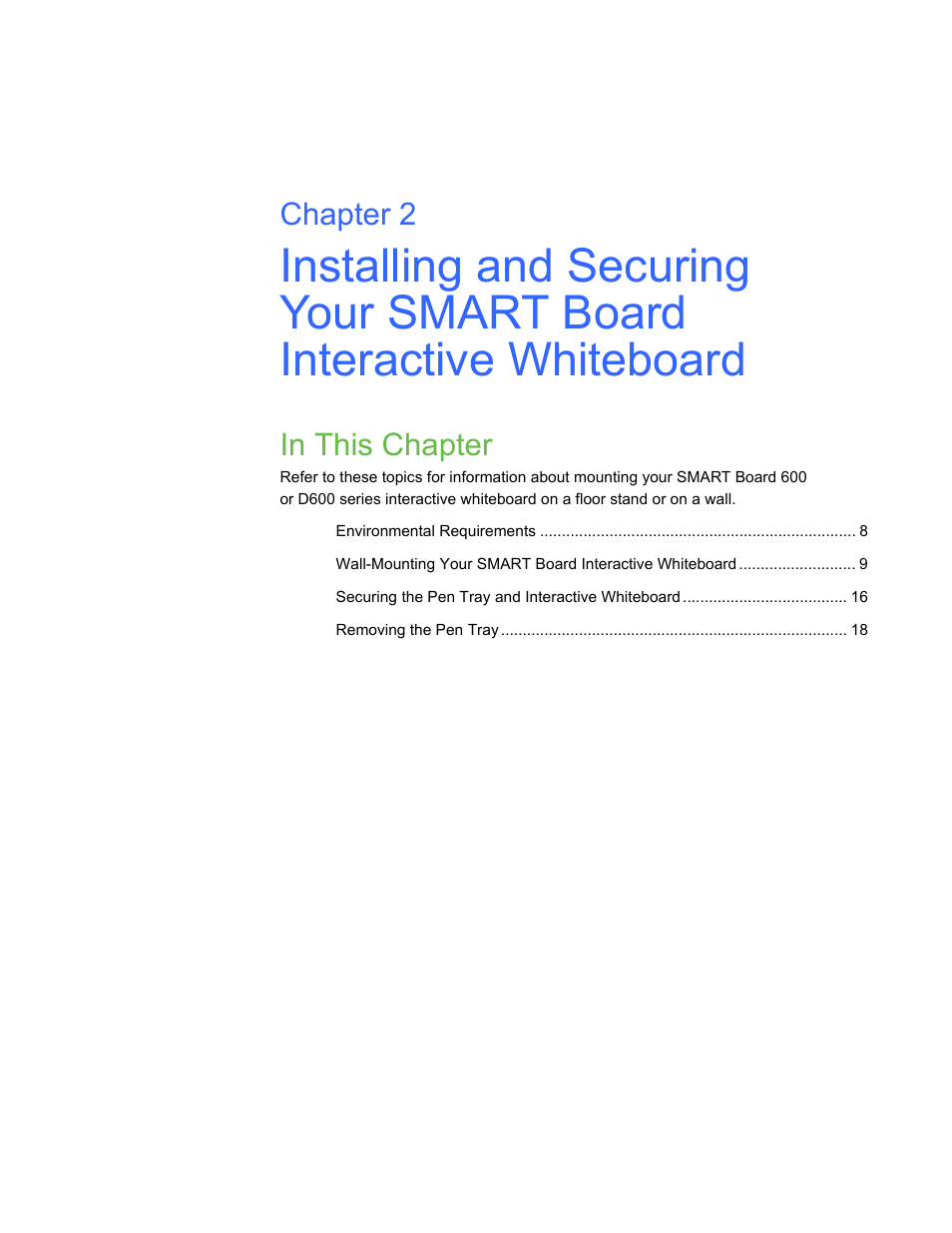 In this chapter, Chapter 2 | Smart Technologies SMART Board D600 User Manual | Page 15 / 68