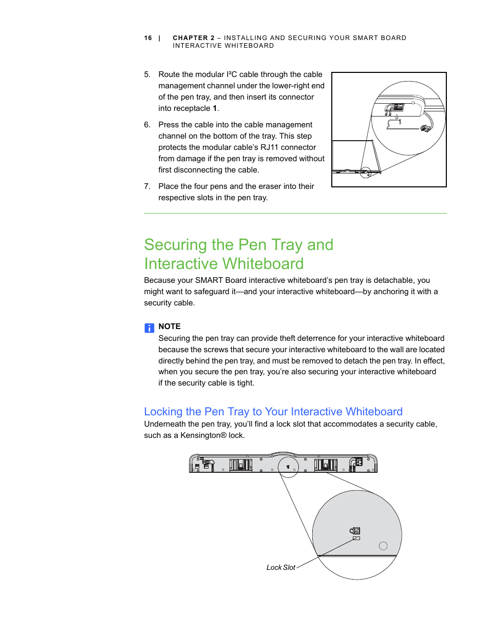 Securing the pen tray and interactive whiteboard | Smart Technologies SMART Board D600 User Manual | Page 24 / 68