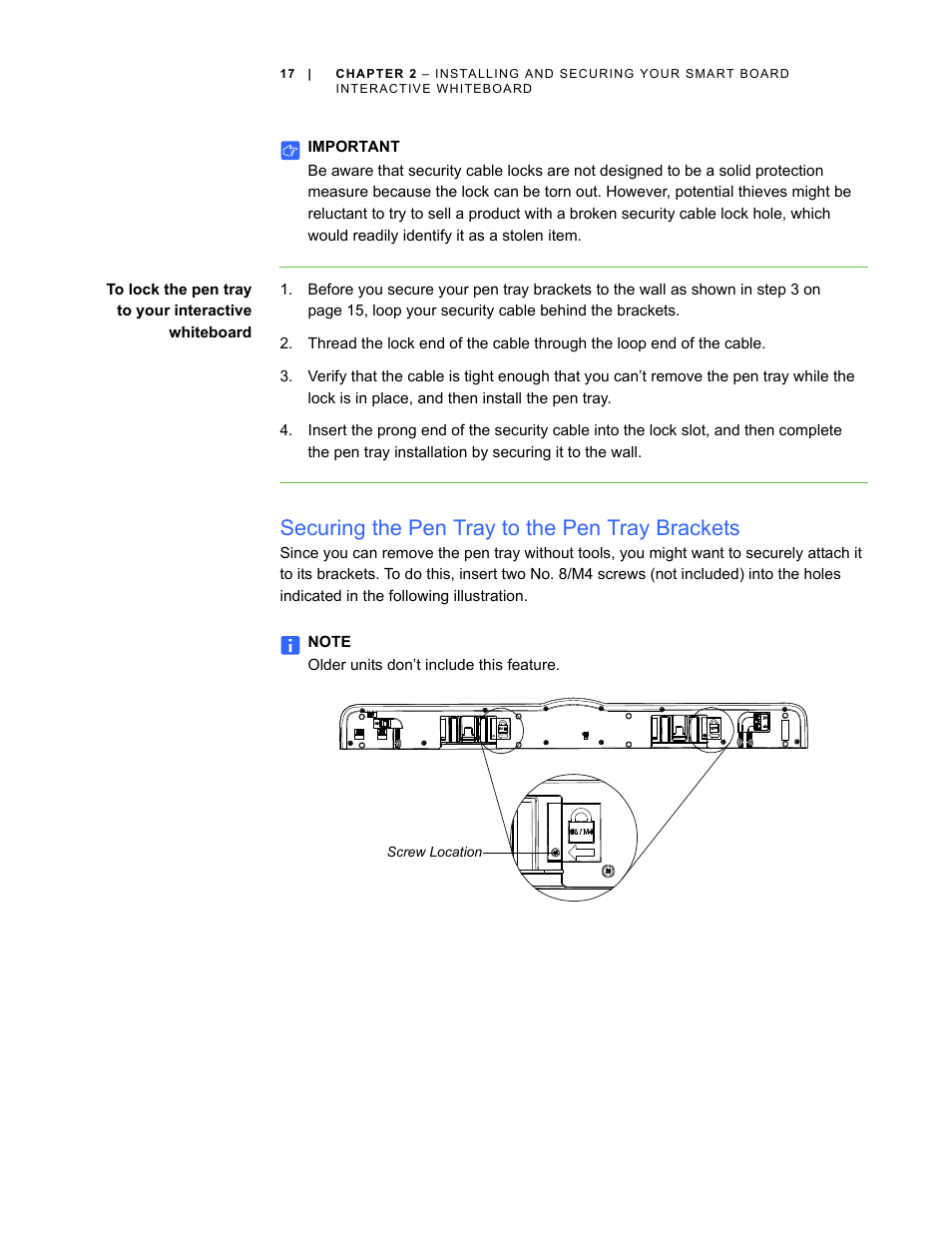 Securing the pen tray to the pen tray brackets | Smart Technologies SMART Board D600 User Manual | Page 25 / 68
