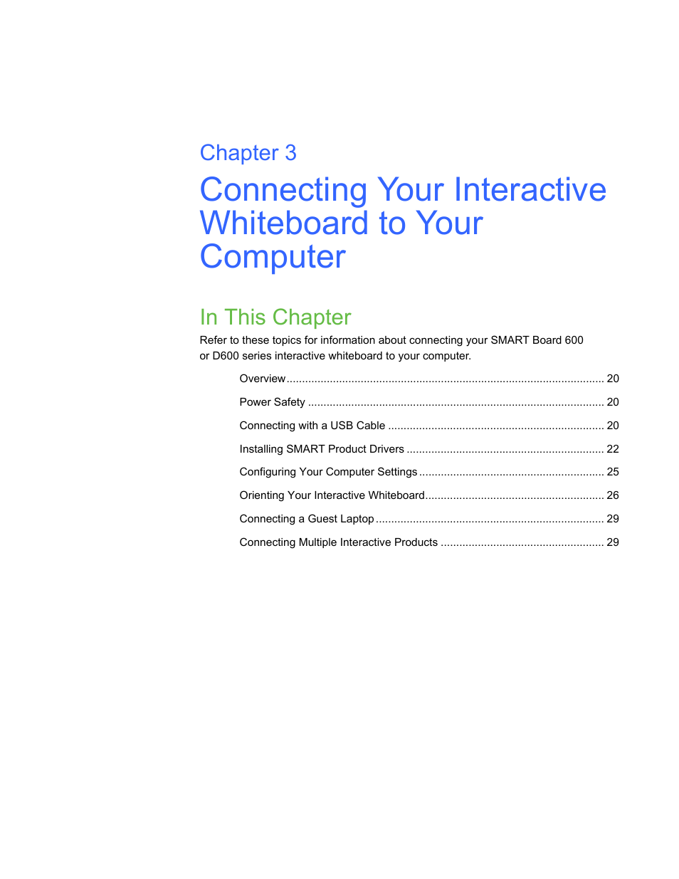 In this chapter, Chapter 3 | Smart Technologies SMART Board D600 User Manual | Page 27 / 68