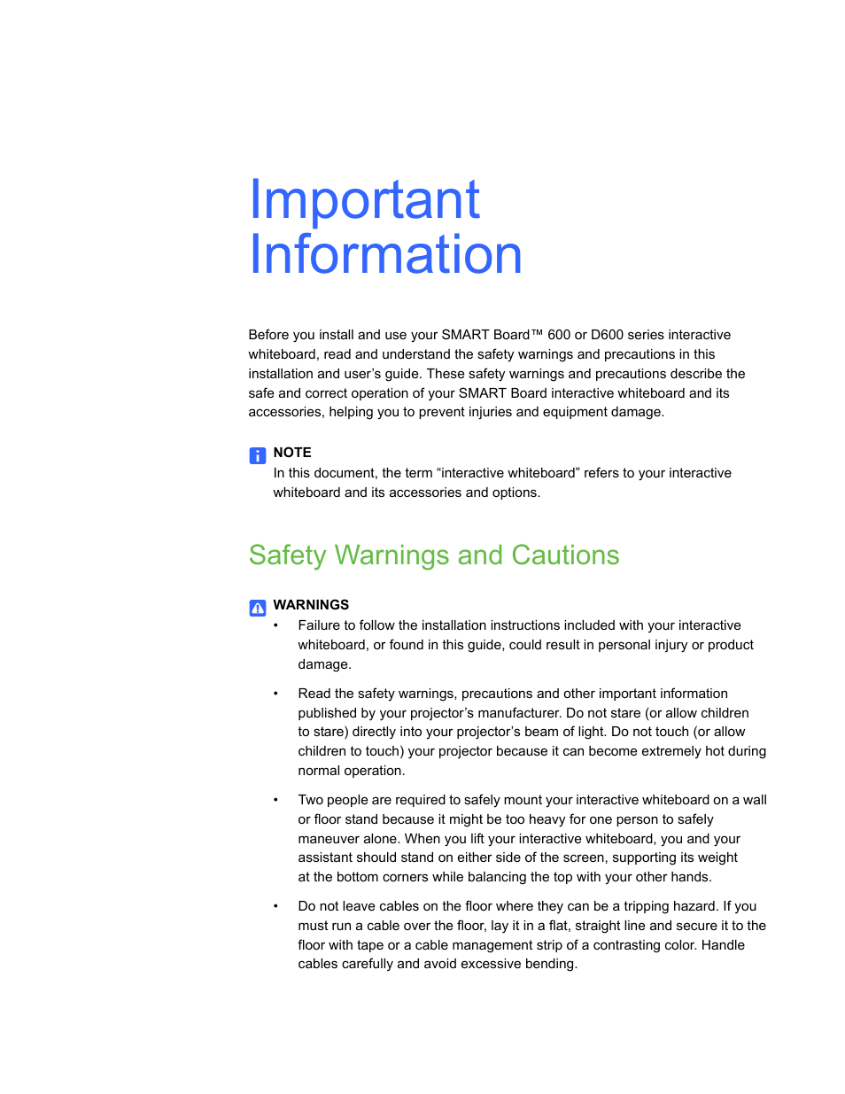 Important information, Safety warnings and cautions | Smart Technologies SMART Board D600 User Manual | Page 3 / 68