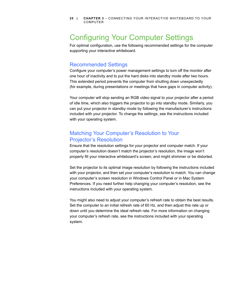 Configuring your computer settings, Recommended settings | Smart Technologies SMART Board D600 User Manual | Page 33 / 68