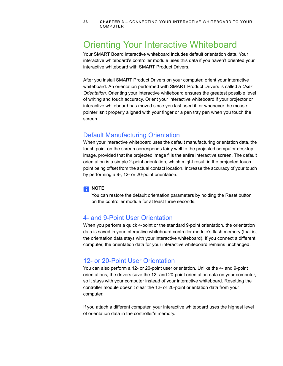 Orienting your interactive whiteboard, Default manufacturing orientation, And 9-point user orientation | Or 20-point user orientation | Smart Technologies SMART Board D600 User Manual | Page 34 / 68
