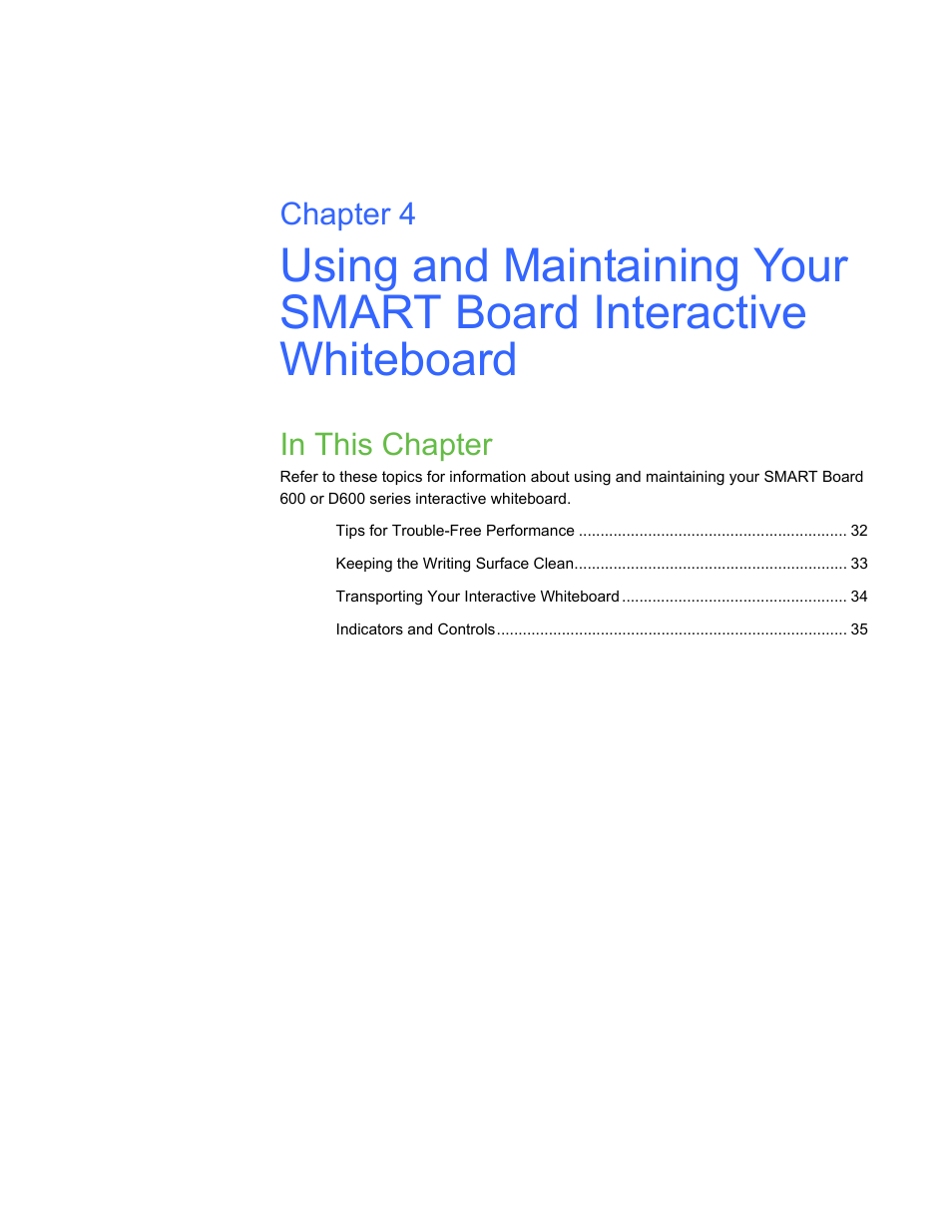 In this chapter, Chapter 4 | Smart Technologies SMART Board D600 User Manual | Page 39 / 68