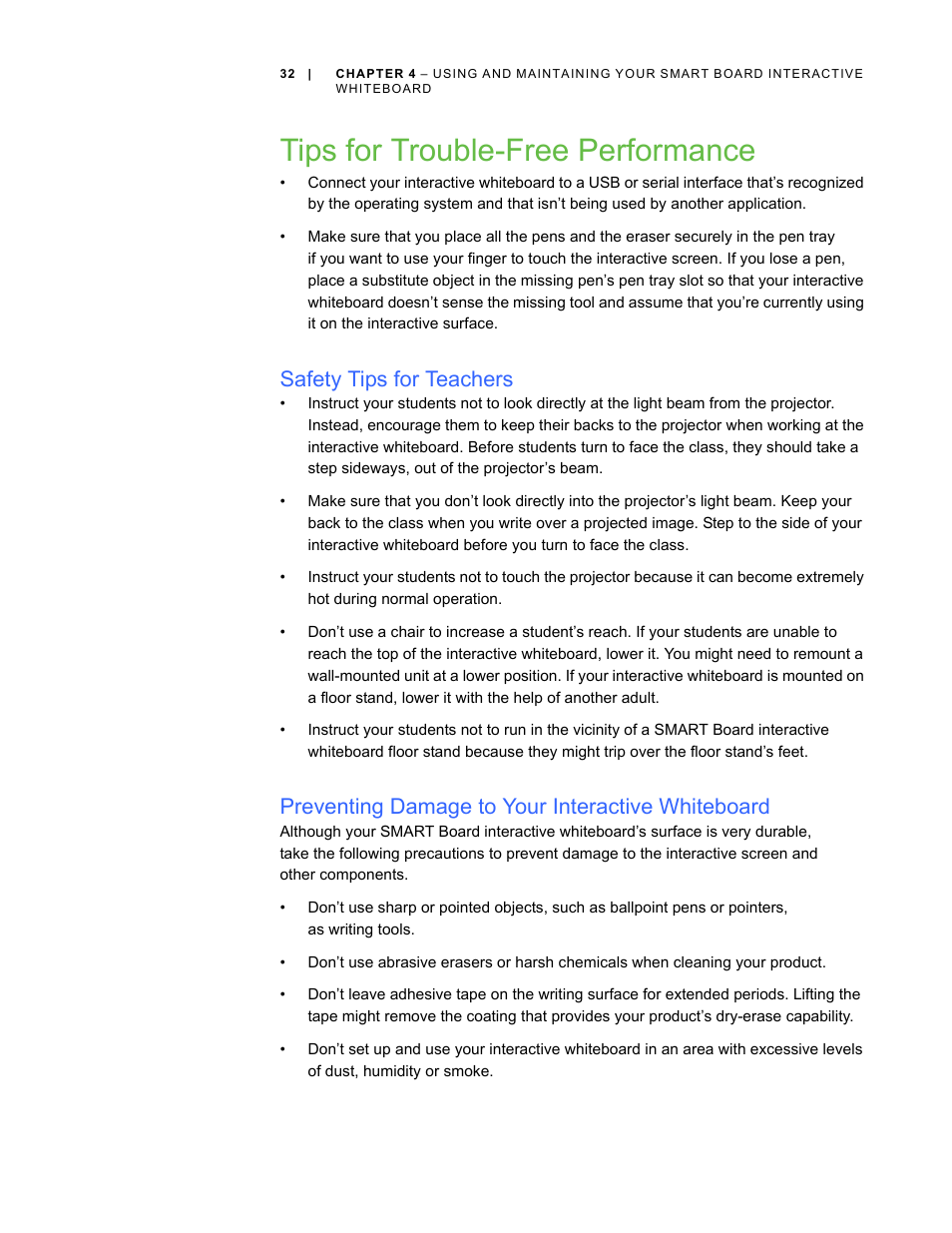 Tips for trouble-free performance, Safety tips for teachers, Preventing damage to your interactive whiteboard | For trouble-free performance | Smart Technologies SMART Board D600 User Manual | Page 40 / 68