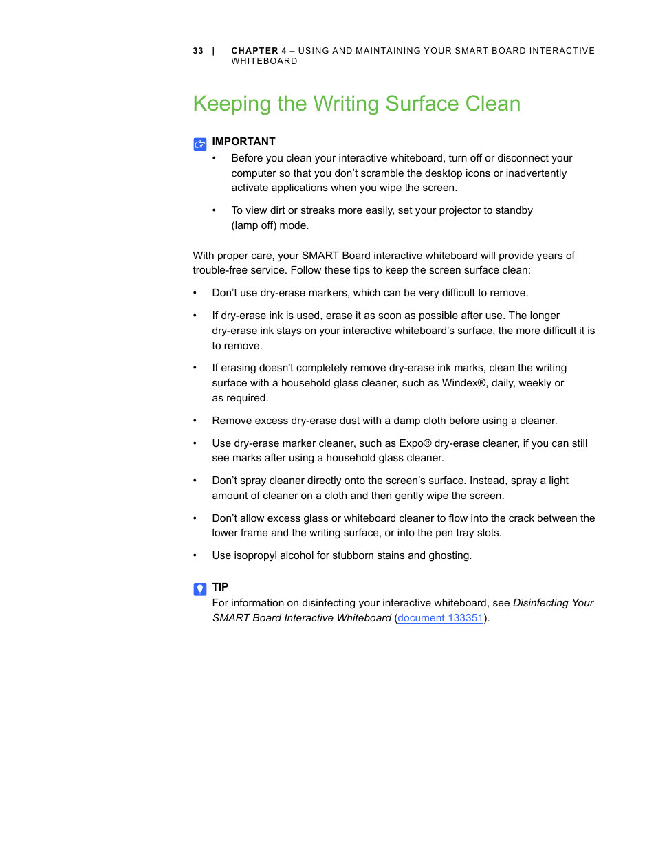 Keeping the writing surface clean | Smart Technologies SMART Board D600 User Manual | Page 41 / 68