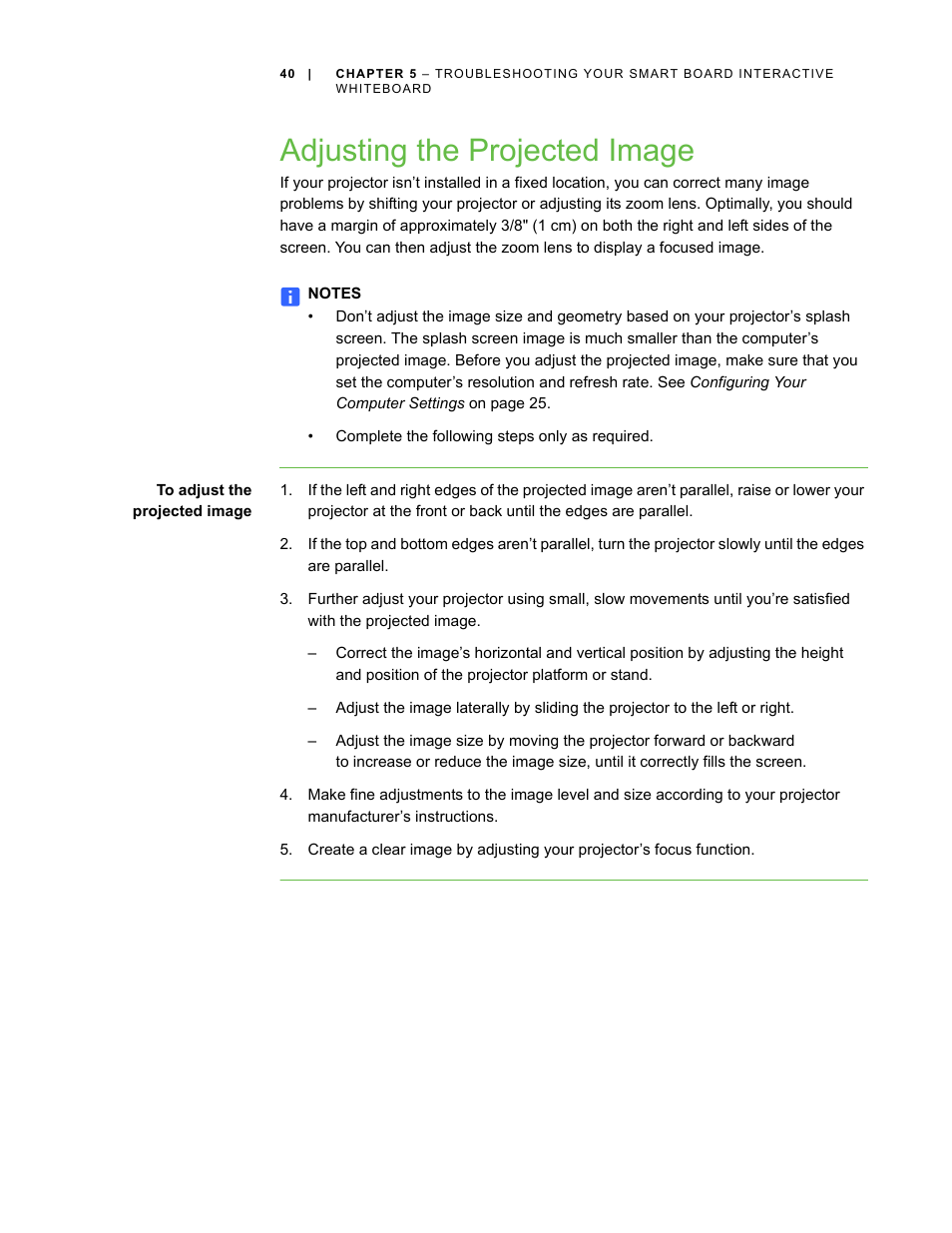 Adjusting the projected image | Smart Technologies SMART Board D600 User Manual | Page 48 / 68